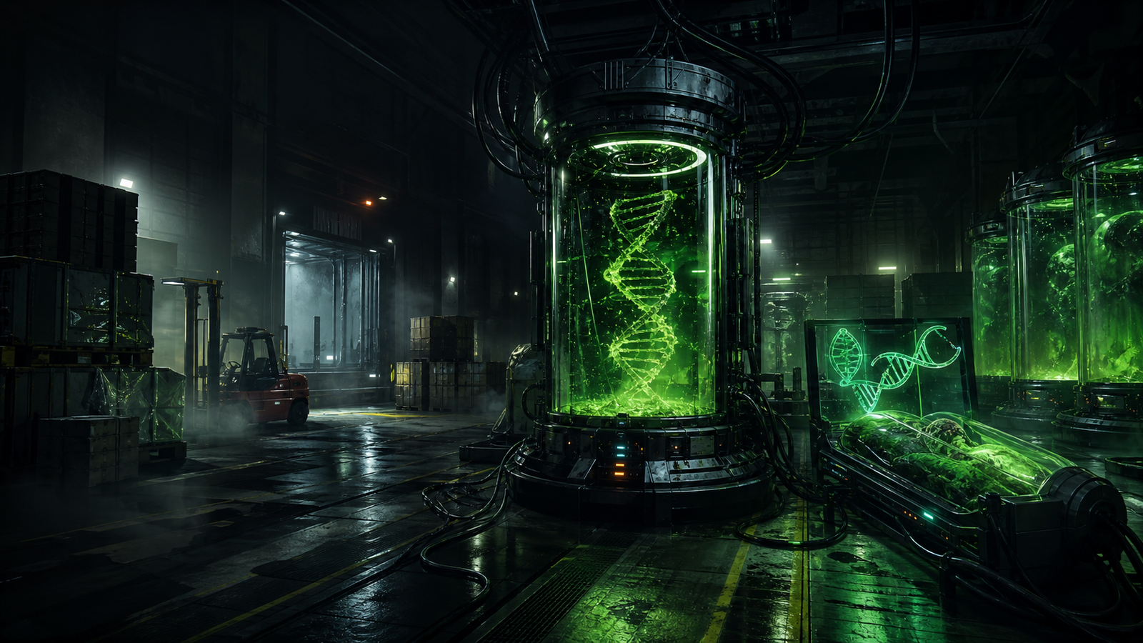 Green glowing sci-fi laboratory for Alien Blood Human Life behind-the-scenes content