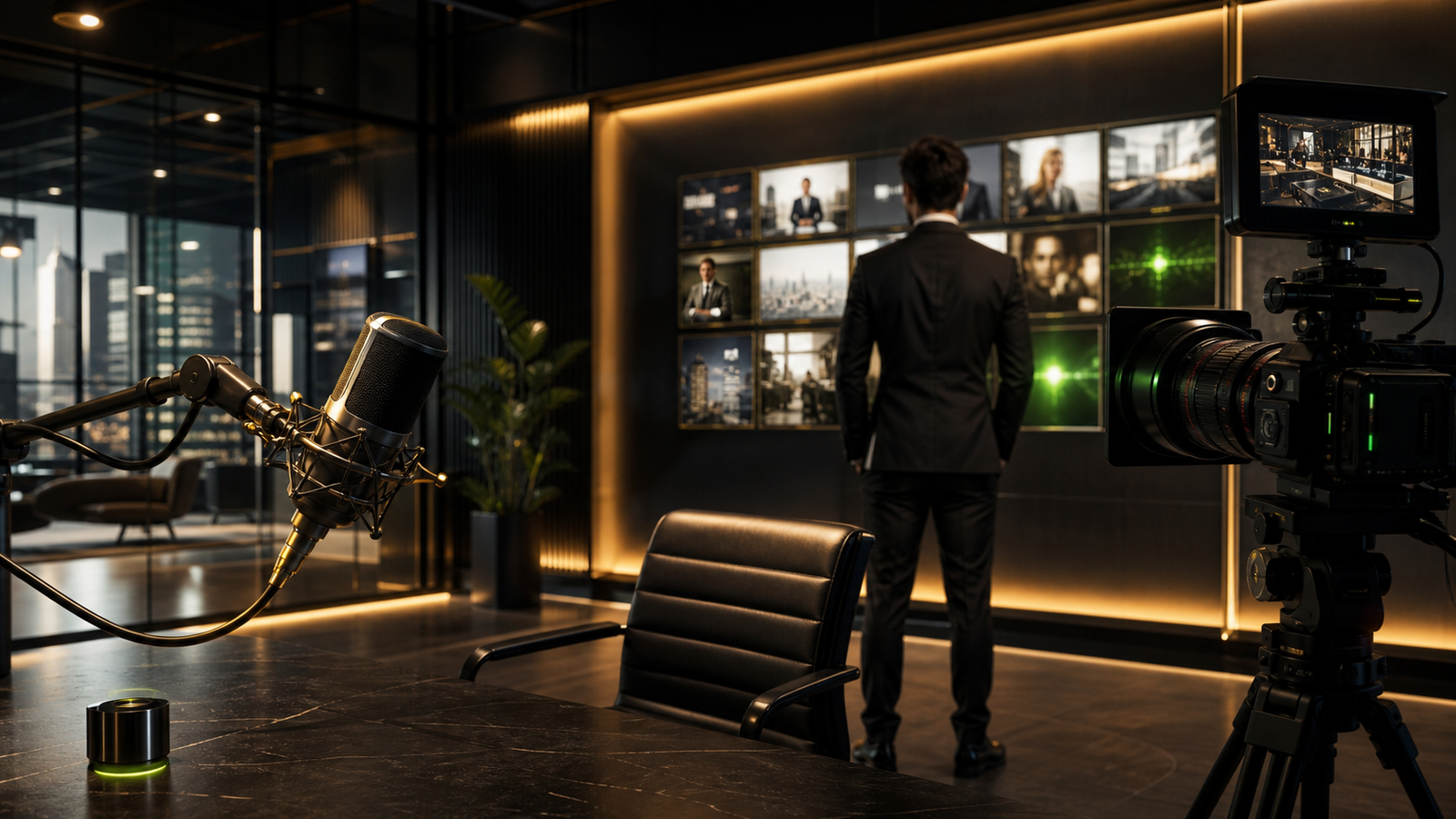 Luxury media studio with podcast microphone camera and entrepreneur influence wall